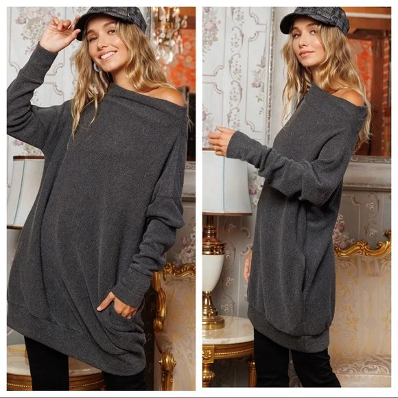 Boho chic Off Shoulder Long Sleeve Knit Dress - Picture 2 of 4